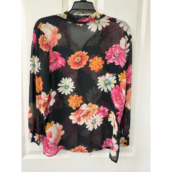 Allison Taylor small 100% silk floral black long sleeve button pink orange - Picture 2 of 5